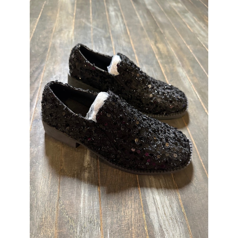 Womens Black Sequin Loafers Slip On Sparkly Evening Party Dress Shoes Square Toe